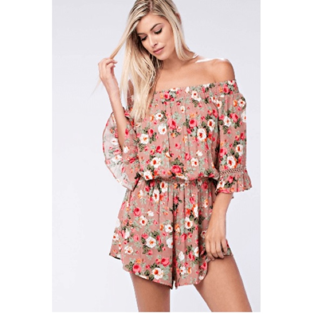 Floral Print Romper Off The Shoulder
